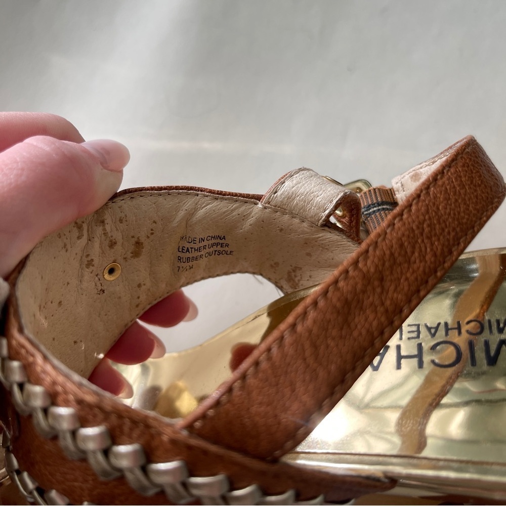 Michael Kors Brown Tan Cream Braided Leather Platform Wedge Sandals Gold MK Logo - Picture 5 of 5